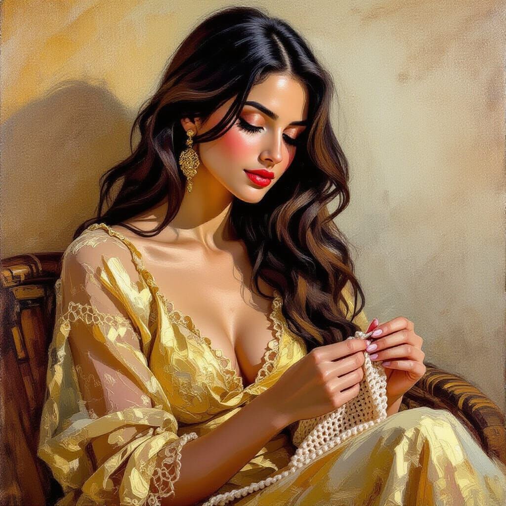 Woman Crocheting in Textured Oil Painting