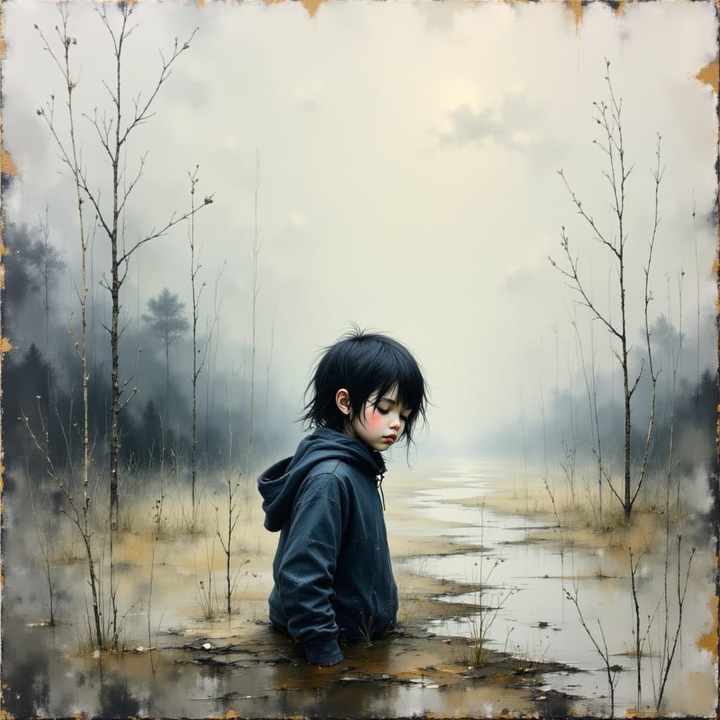 Melancholic Child in Dreamlike Fog, as Impasto Oil Painting
