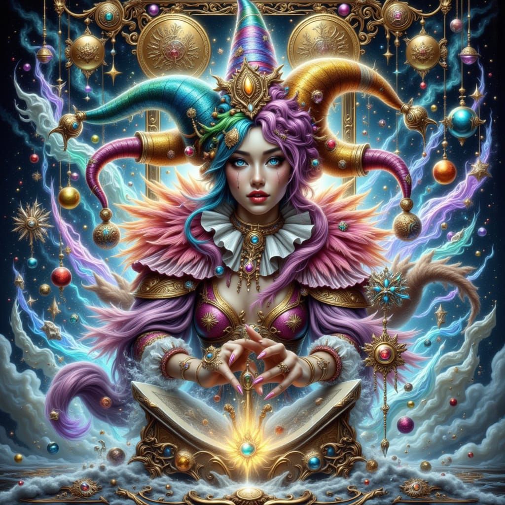 Harlequin Jester Bursting from Tarot Card
