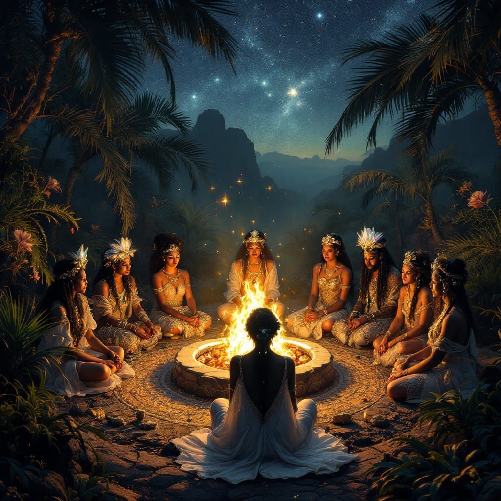 Lemurian gathering around a fire