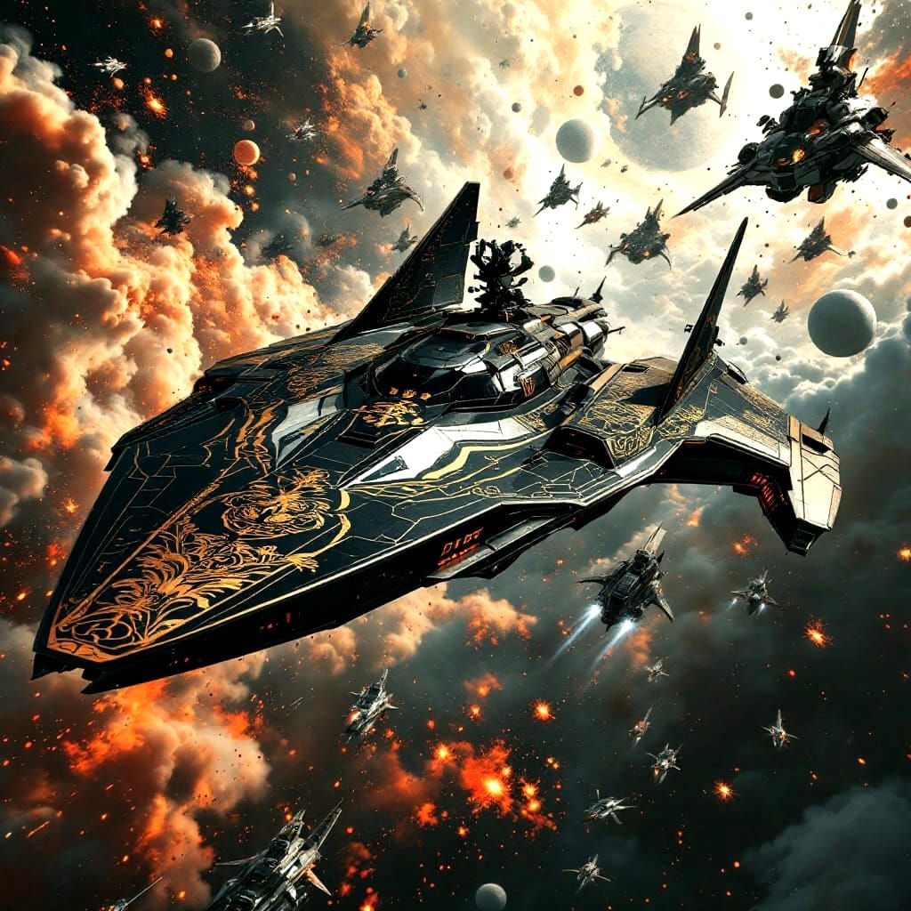 Japanese Galactic Manta Spaceship in Retrofuturism Style