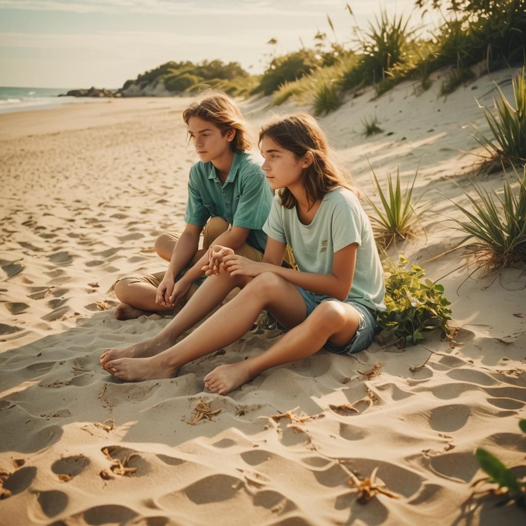 Dreamy Beach Scene with Teenagers in Soft Golden Light