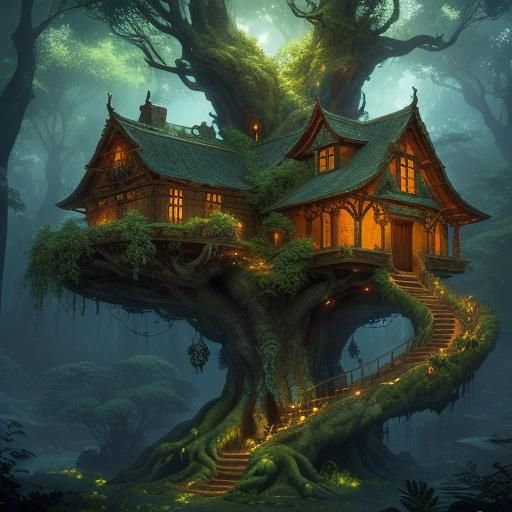Glowing Treehouse Concept Art in Fantasy Landscape