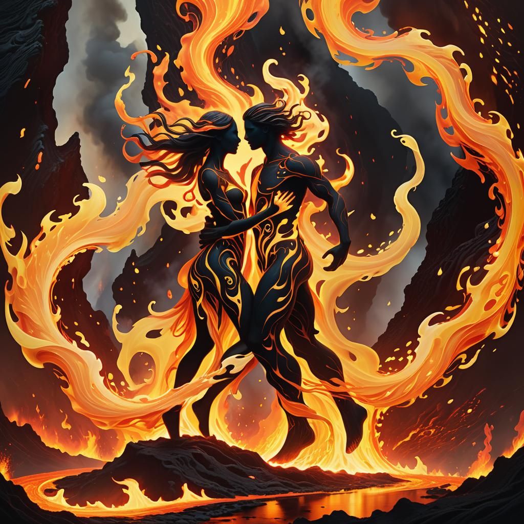 Fiery Lovers Dancing in Volcanic Landscape