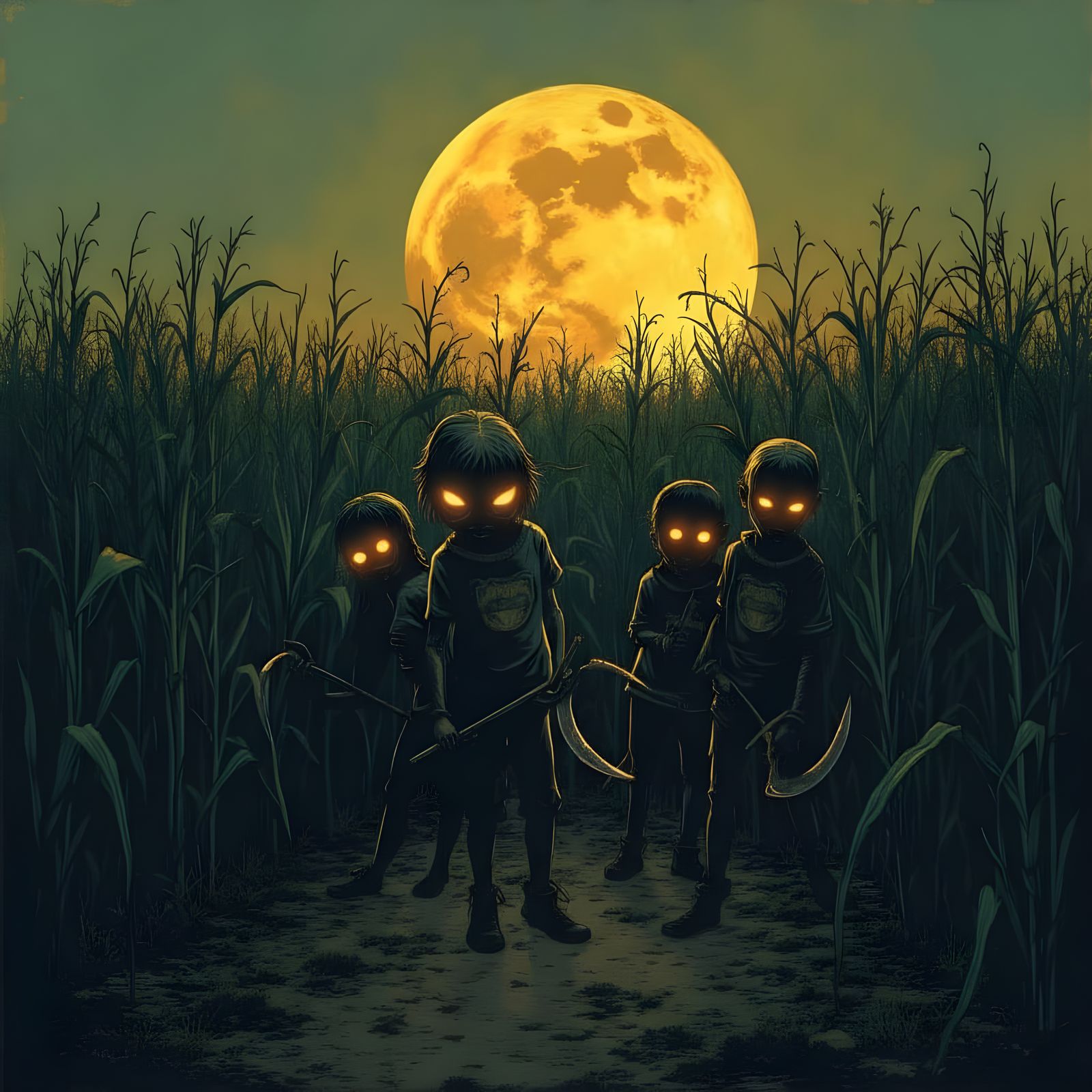Creepy Children With Glowing Eyes In Cornfield At Dusk
