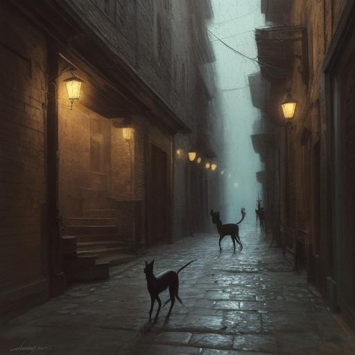 Expressionist Cats in Dim Alleyway, Impasto Painting