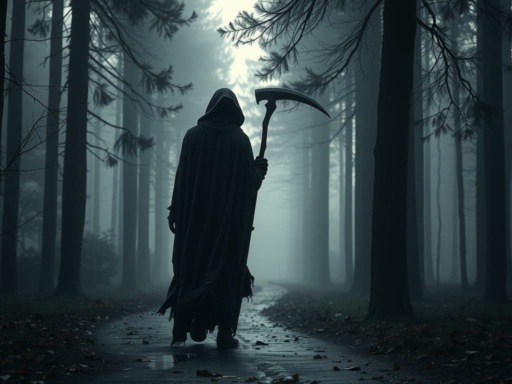 Grim Reaper Walks Through Misty Forest Path