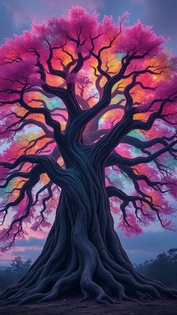Enchanted Ancient Tree with Rainbow Leaves