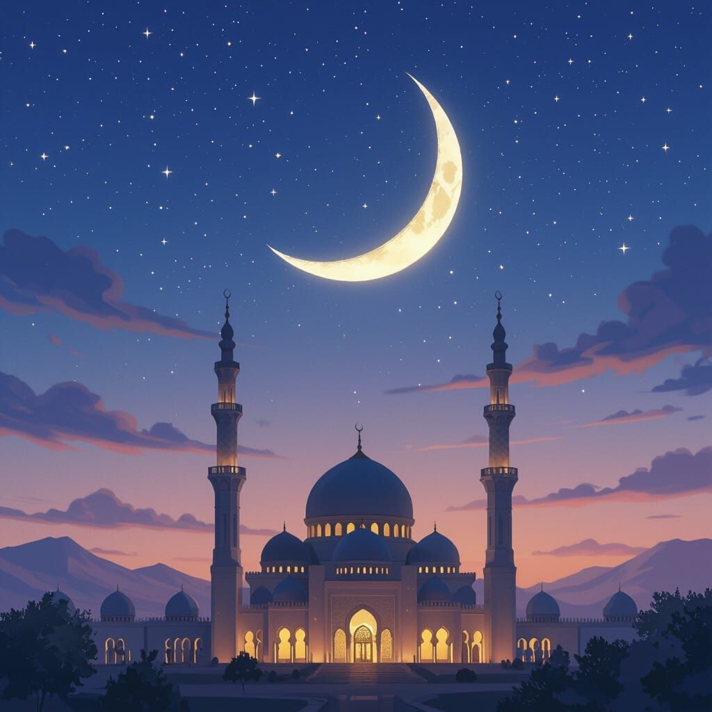 Ramadan Crescent Moon Over Mosque