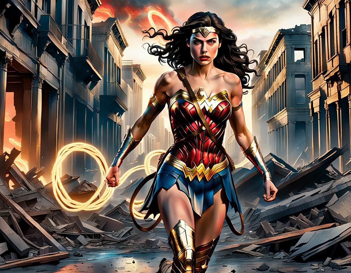 Wonder Woman Runs Through Post-Apocalyptic City