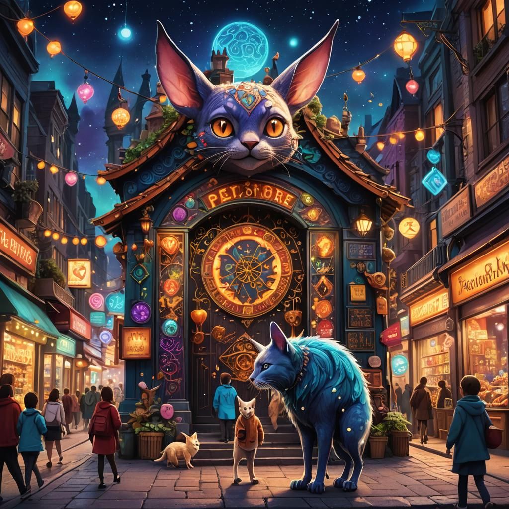 Fantasy Pet Store Sign with Mystical Glowing Runes