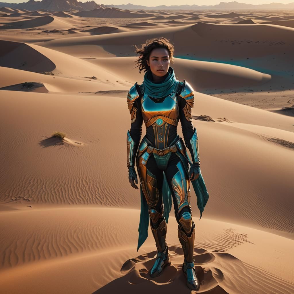 Princess in Dune Atreides Suit on Desert Dune