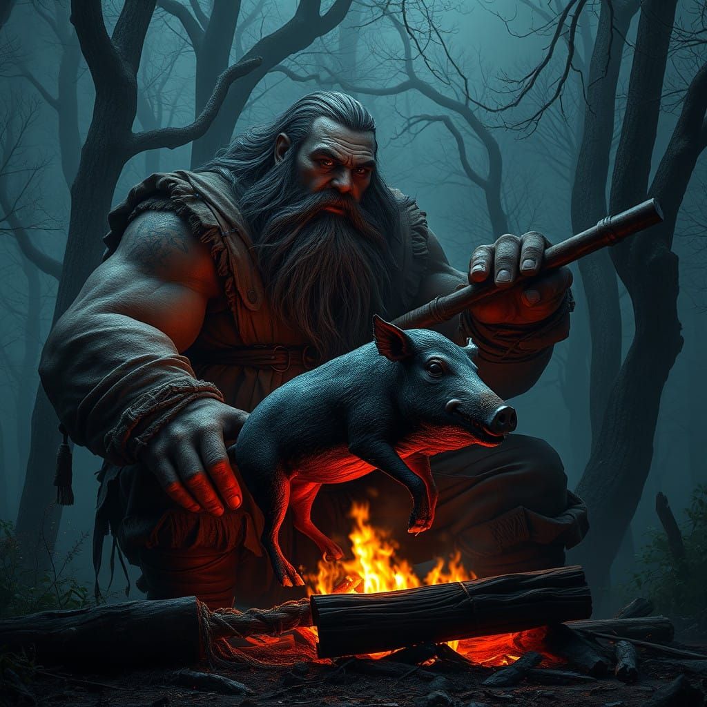 Giant's Feast in a Misty Forest at Night