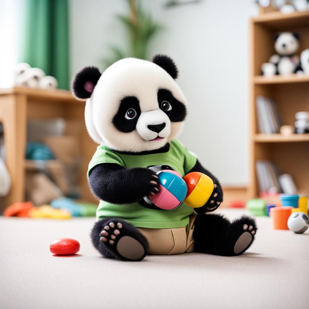 Cute Anthropomorphic Panda Playing in Playroom