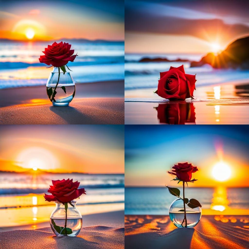 Red Rose in Vase on Beach at Sunset
