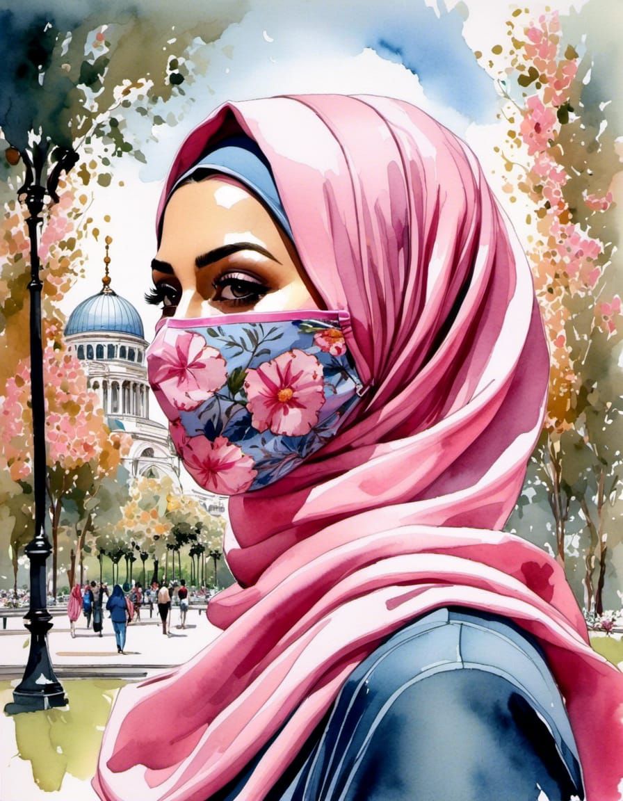 European Woman in Hijab With Flowered Facemask
