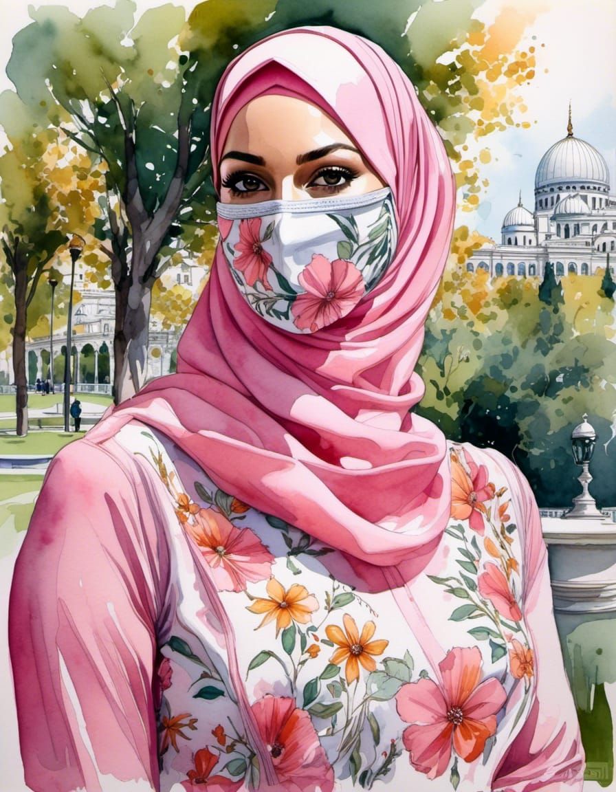 European Woman in Hijab with Flowered Mask: Watercolor