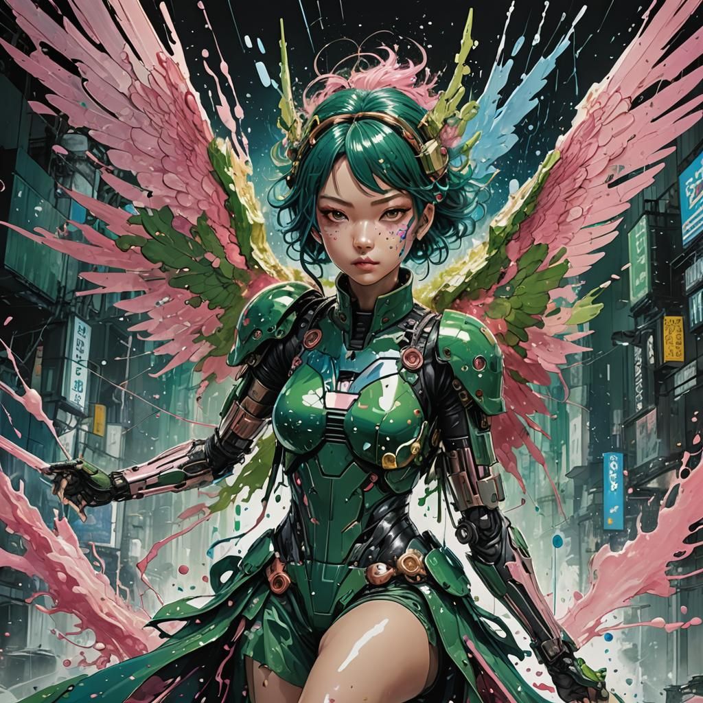 Winged Cyborg Girl in Detailed Digital Illustration