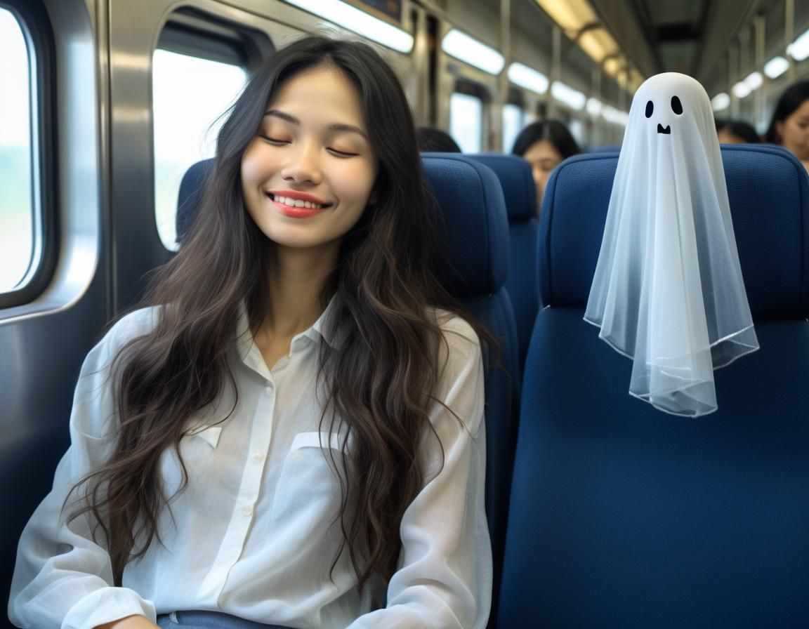 Vietnamese Woman and Ghost in Dreamy Train Scene