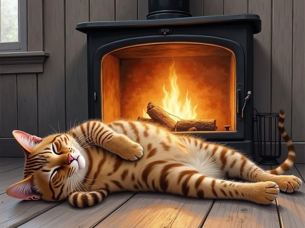 Surreal Bengal Cat by Fireplace, Oil and Watercolor