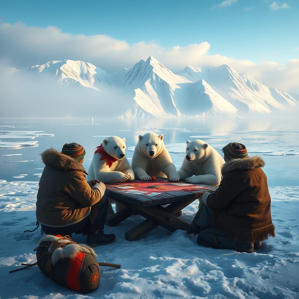 Snow Bears Play Cards with Chukchi People among Snowy Mounta...