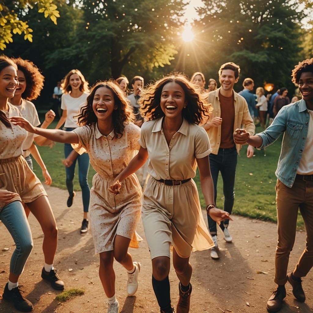 Friends Dancing in Golden Hour, Wes Anderson Style