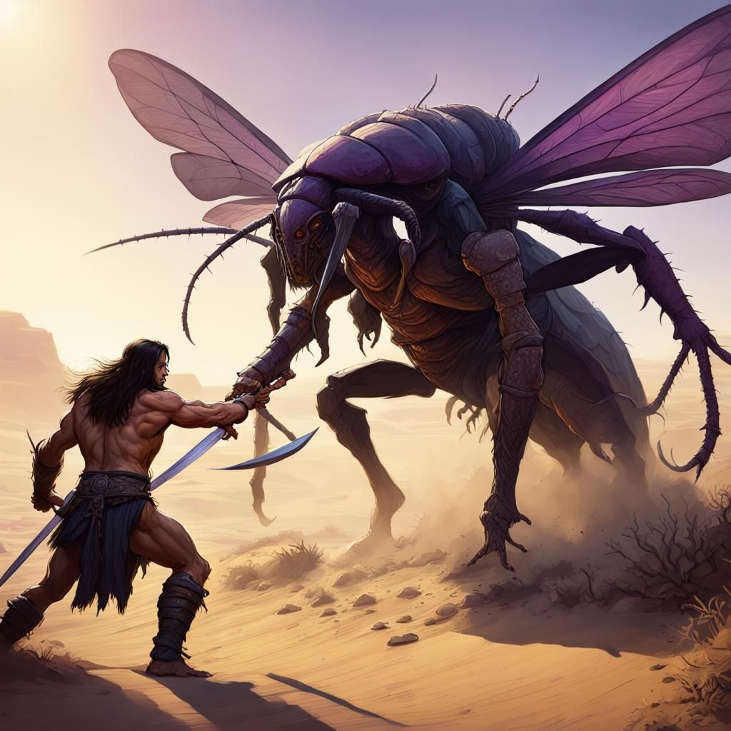 Conan Battles Giant Insect in Desert Art