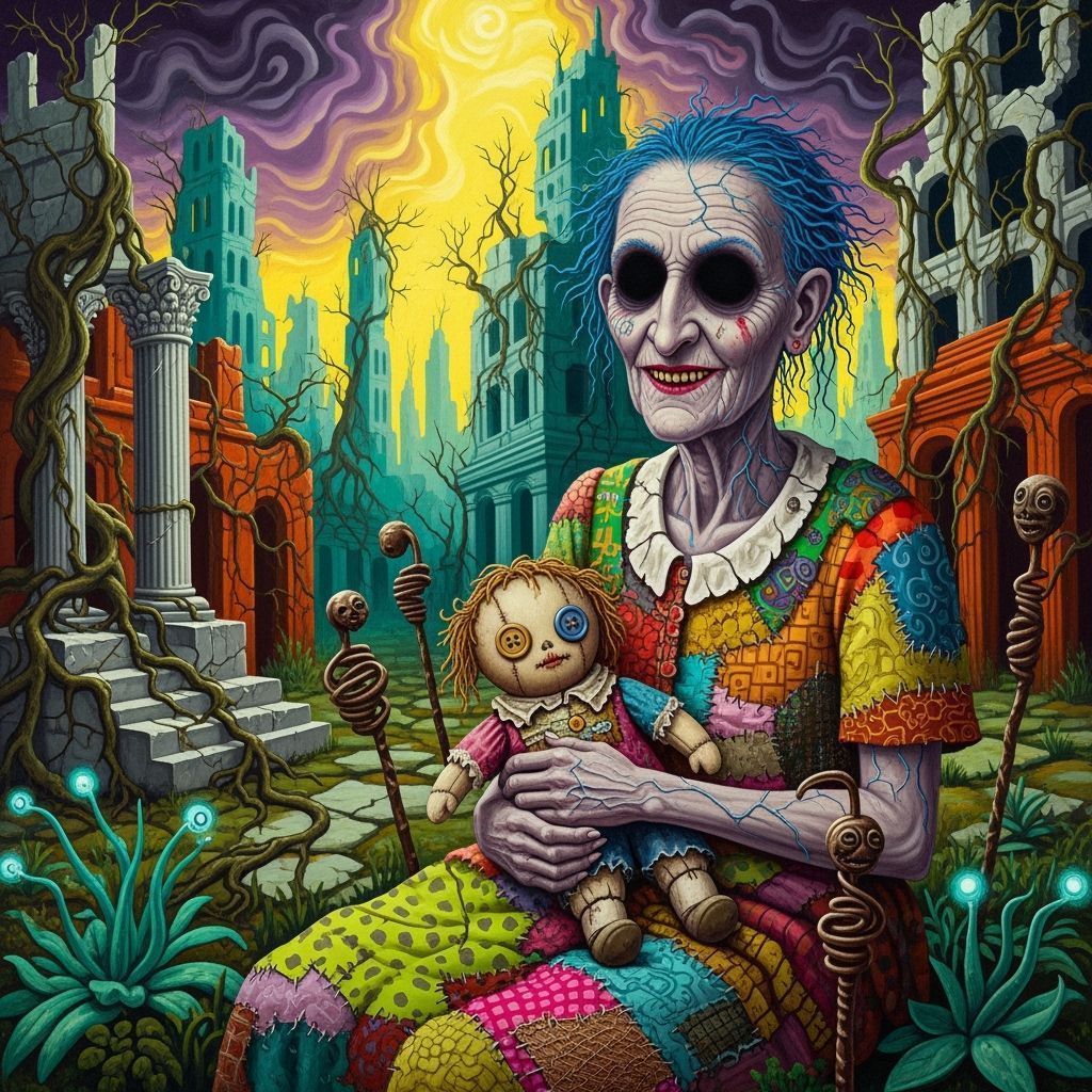 Surreal Old Woman in Post-Apocalyptic City Ruins