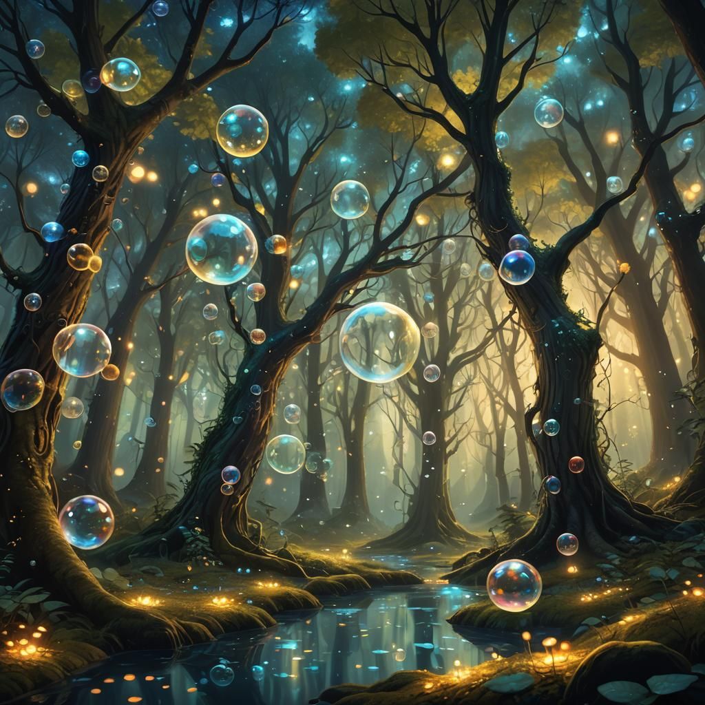 Mystical Forest Bubbles in Art Nouveau Style