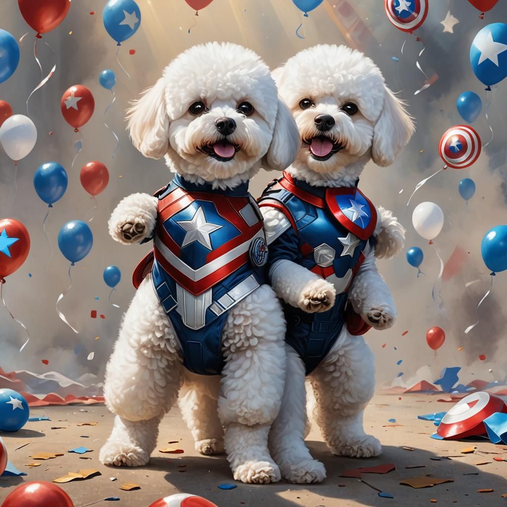 Bichon Frise as Captain America in Comic Style