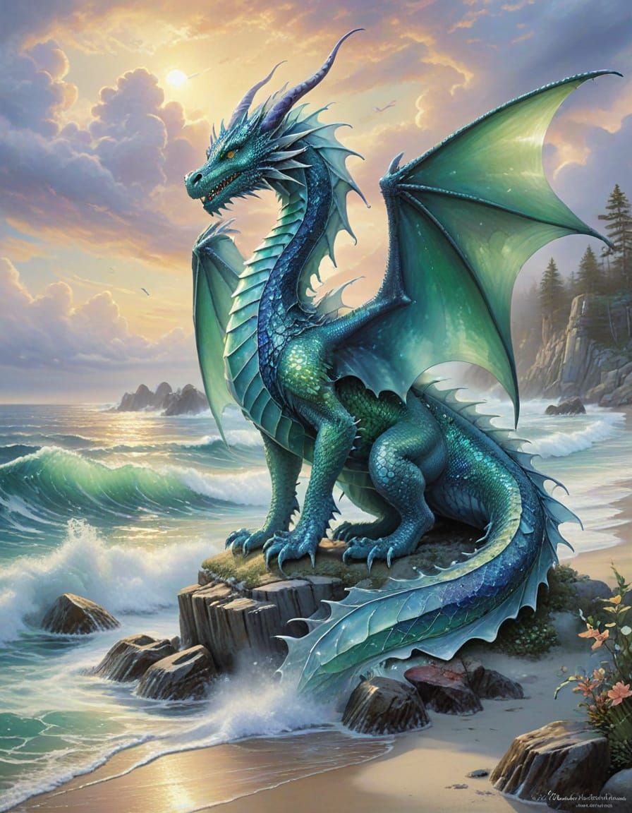 Sea Glass Dragon in Ethereal Watercolor Fantasy Scene