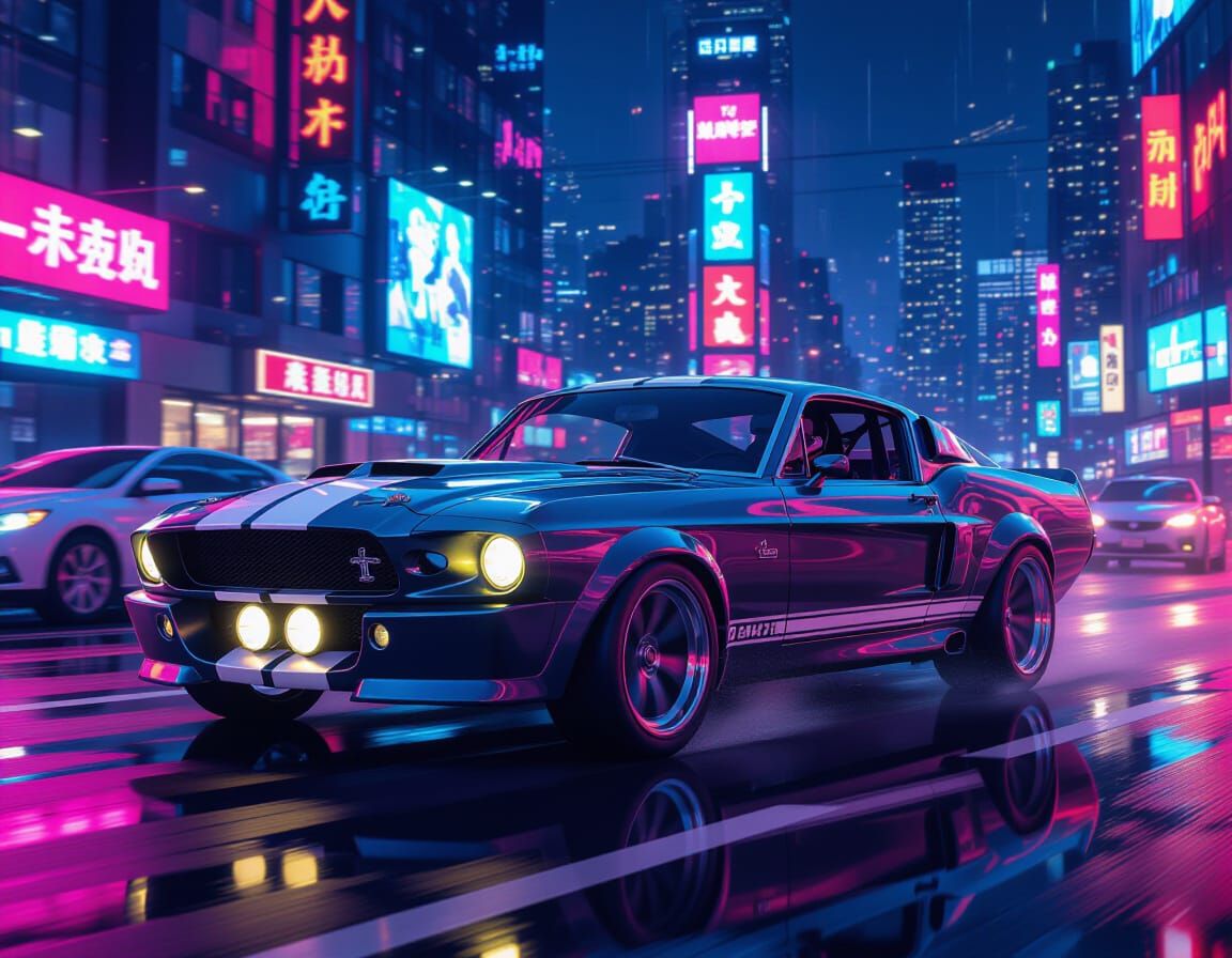 Cyberpunk Shelby GT500 Races Through Neon Cityscape