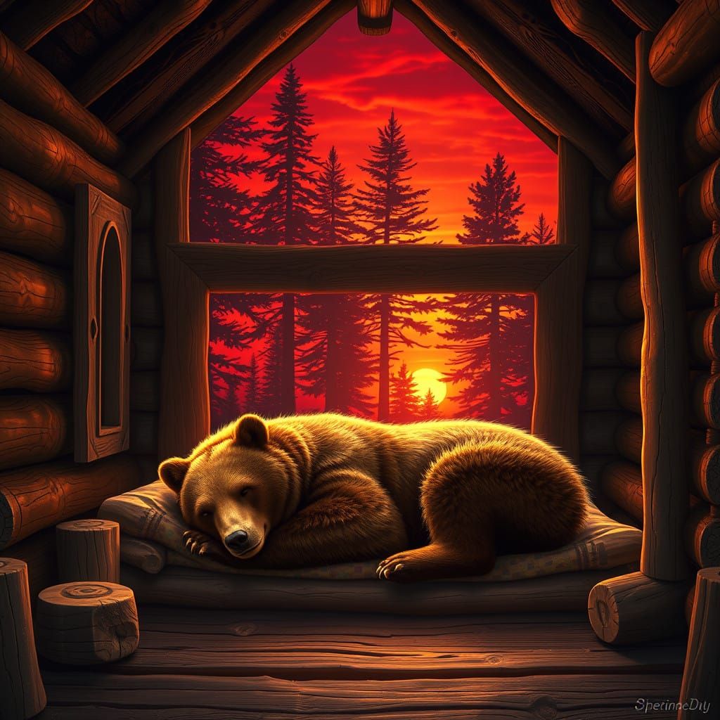Majestic Brown Bear in Serene Woodland Cabin Scene