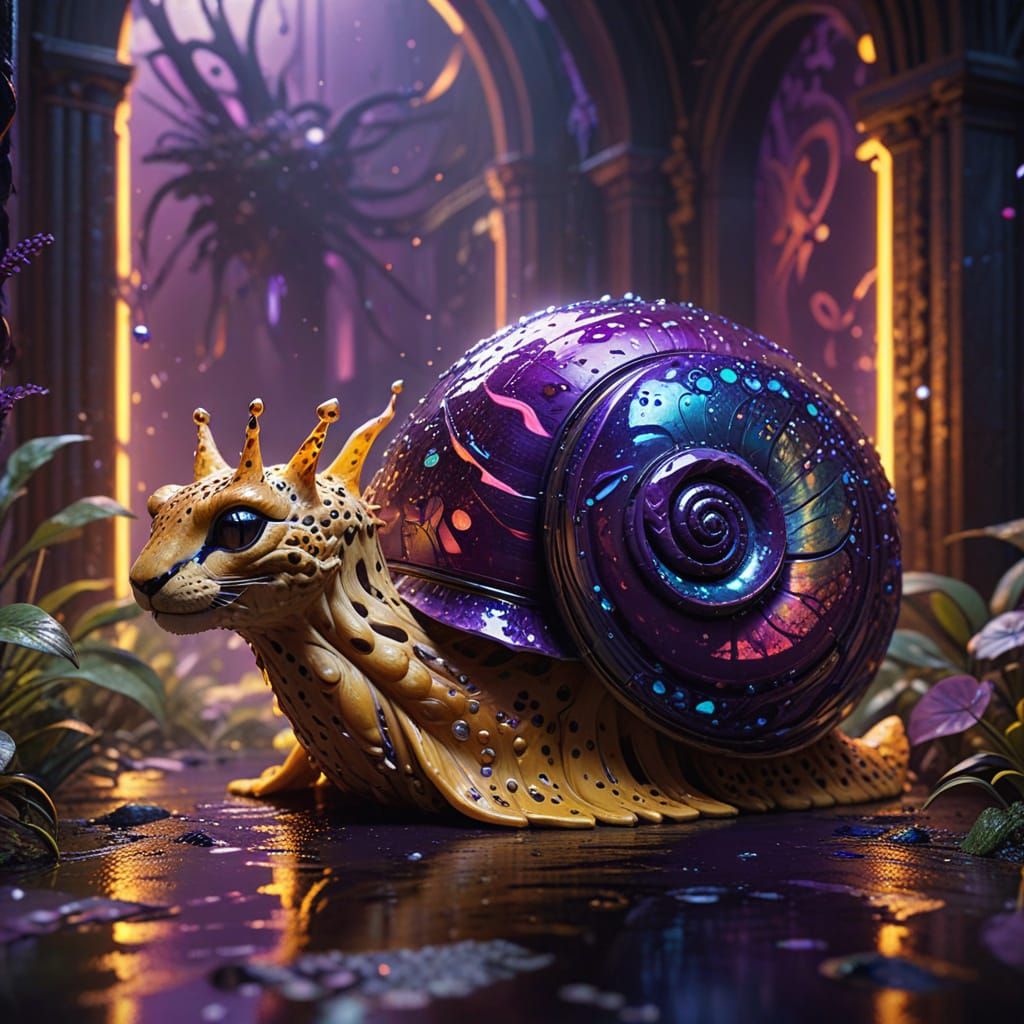 Majestic Cheetah-Snail Hybrid in Vibrant Dreamlike Landscape