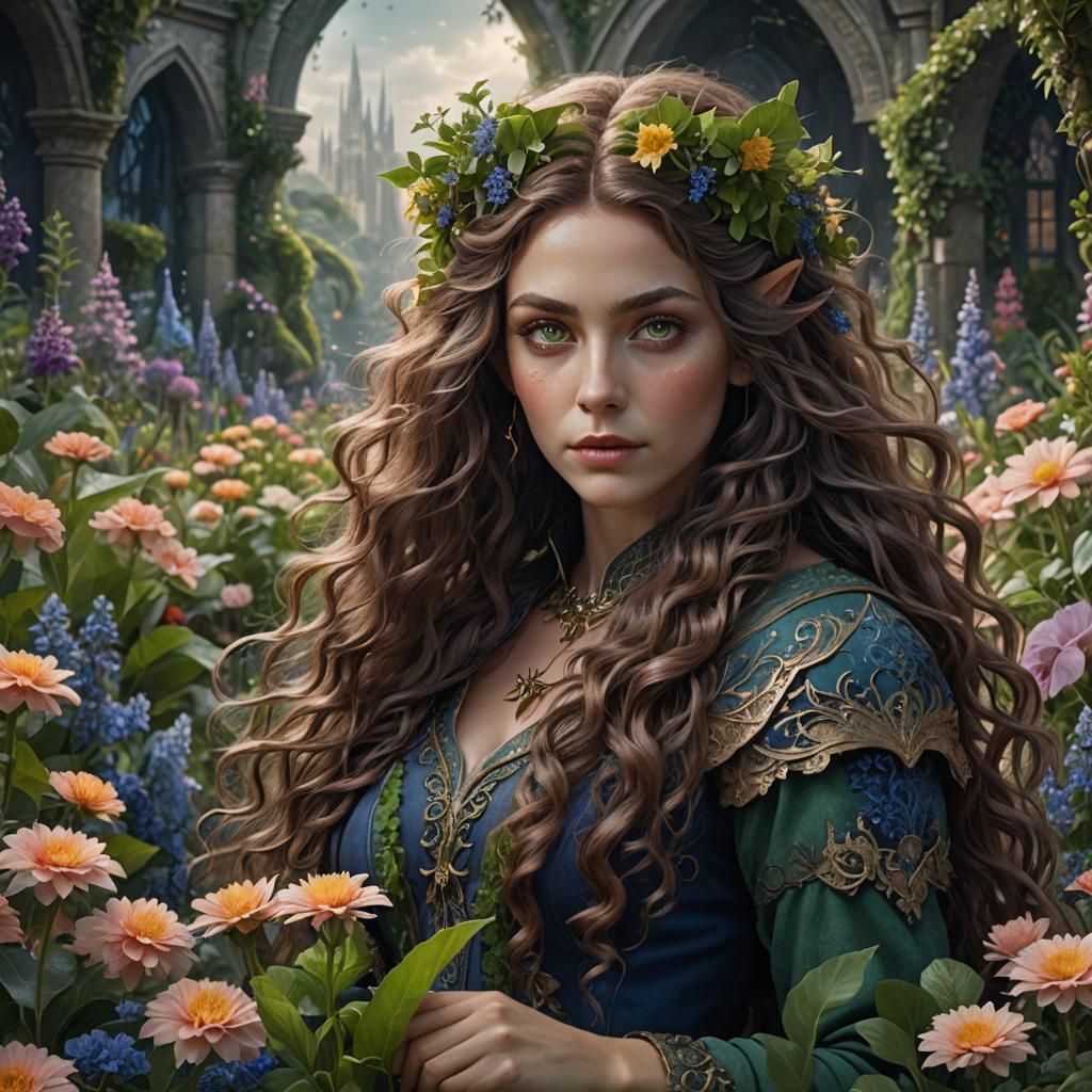 Elf Woman in Flower Garden Digital Painting