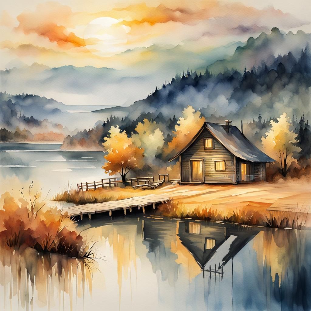 Ethereal Watercolor Landscape with Golden Light