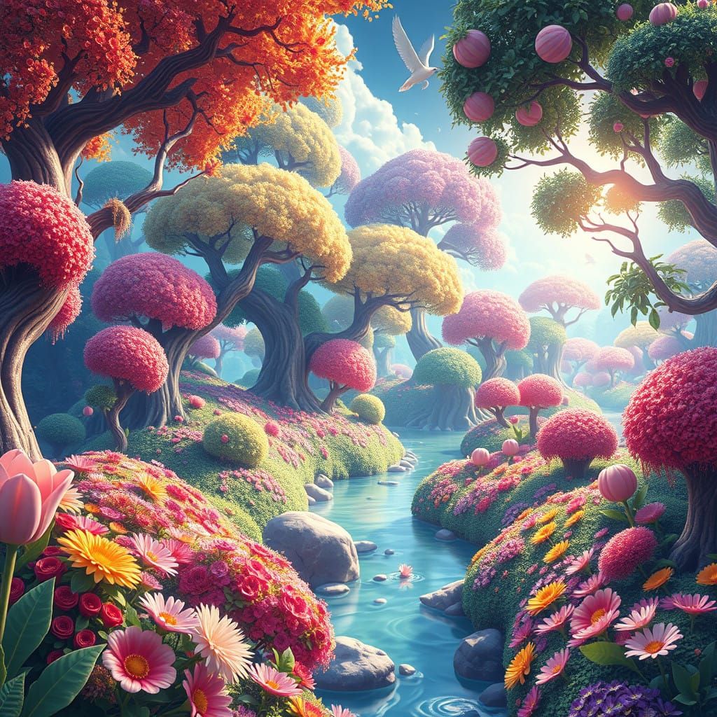 Surreal Paradise of Lollipop Trees and Gumdrop Flowers in Hy...