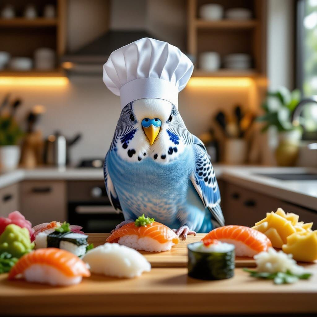 Budgie Chef Prepares Sushi in Luxury Kitchen