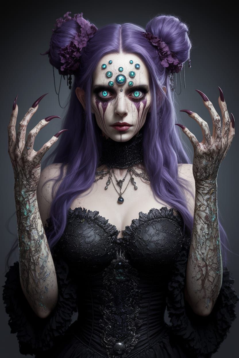 Cybergoth Circus Enchantress with Scaly Hands and Opal Eyes