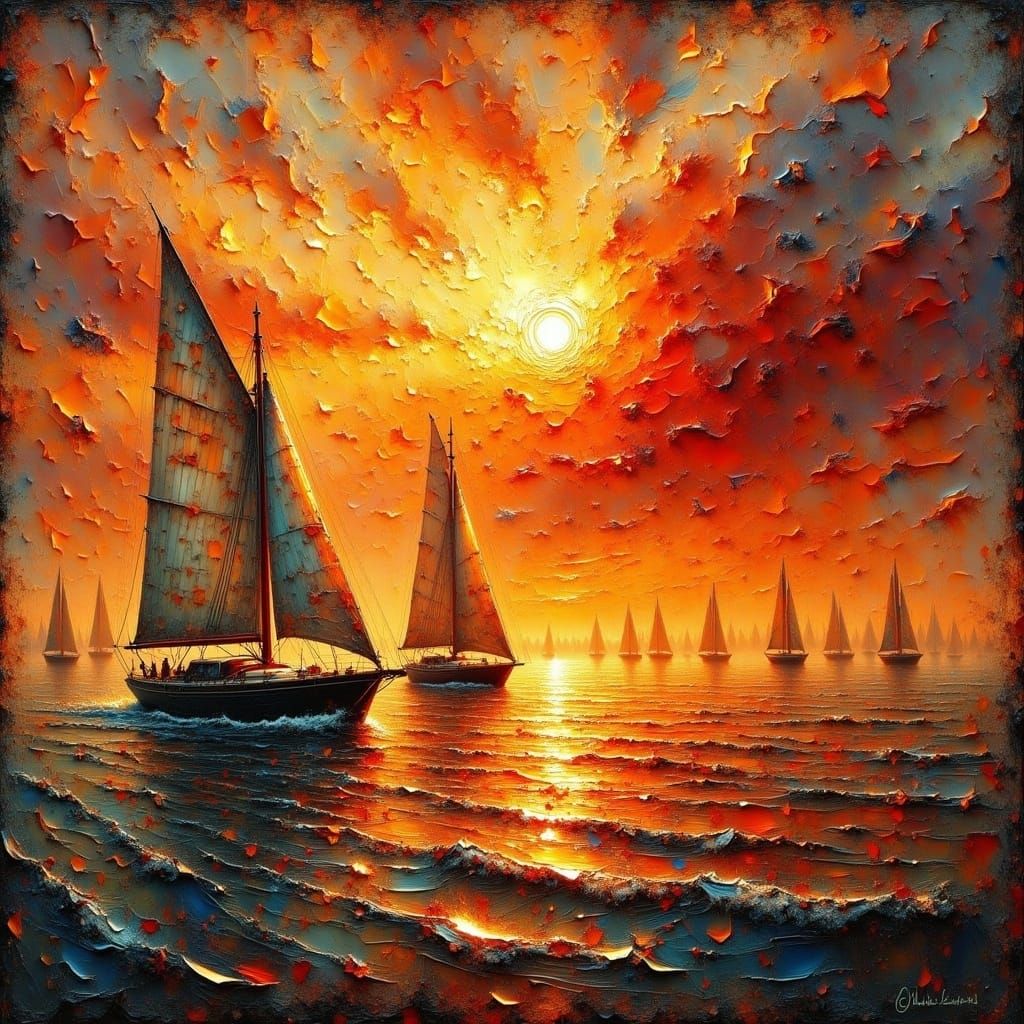 Silver Yacht Sails Against Vibrant Orange Sunset in Modernis...