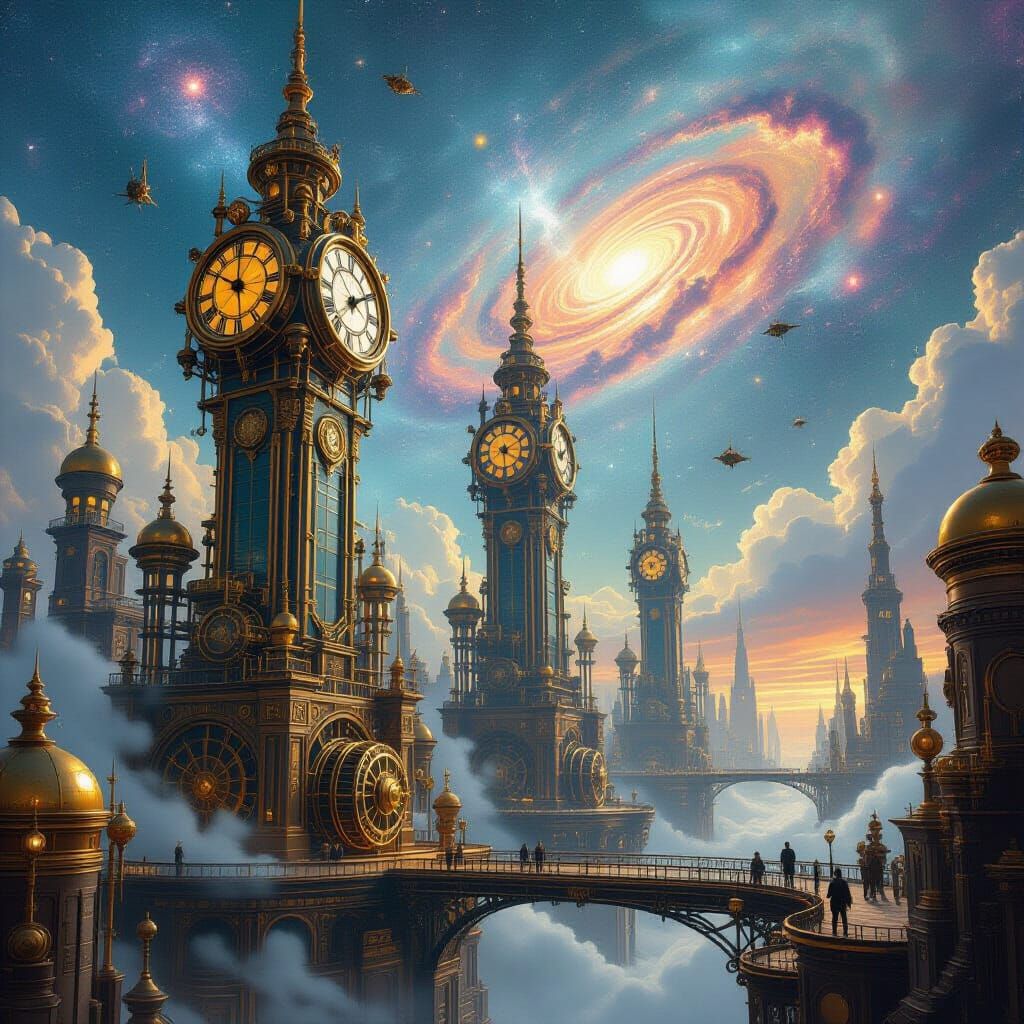 Steampunk Cityscape with Clockwork Towers and Cosmic Nebulae