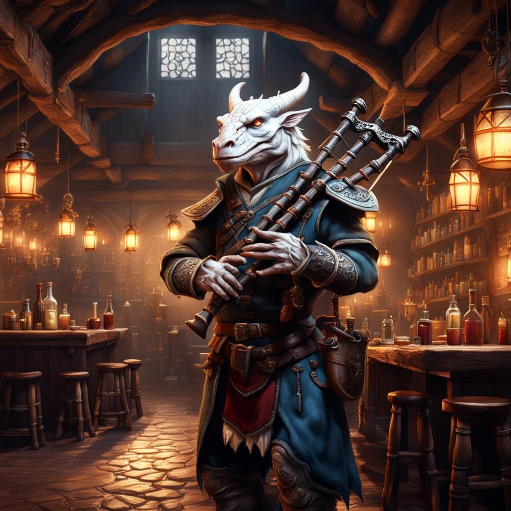 Dragonborn Bard Plays Bagpipes in Tavern