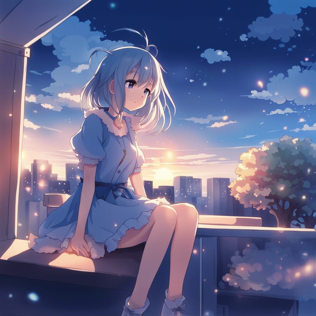 Anime Girl in Blue Dress with Bright Sky