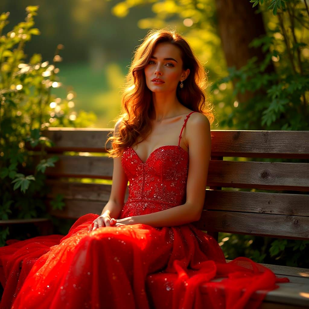 Woman in Red Dress Basking in Sunshine