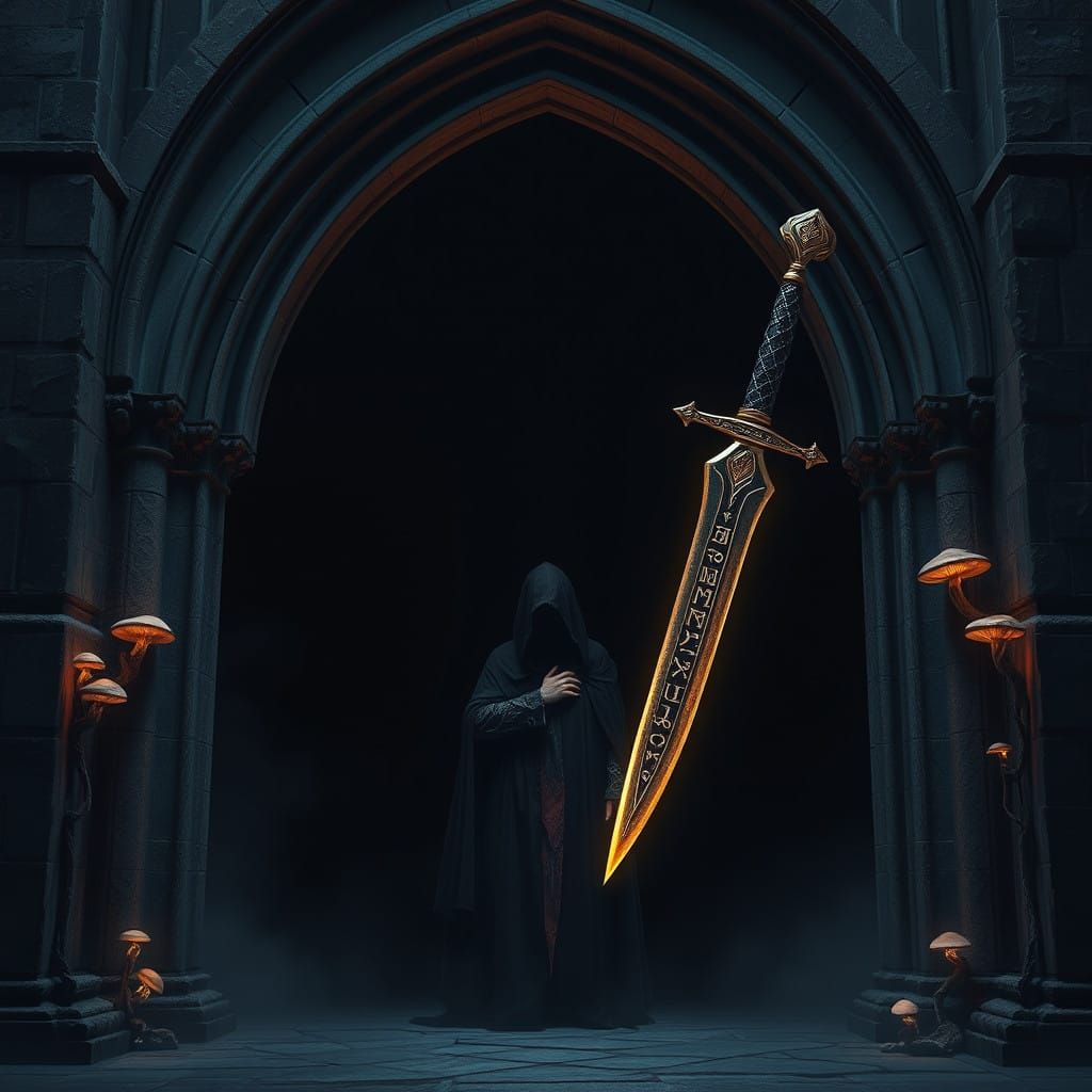 Gothic Figure Confronts Fateful Doom