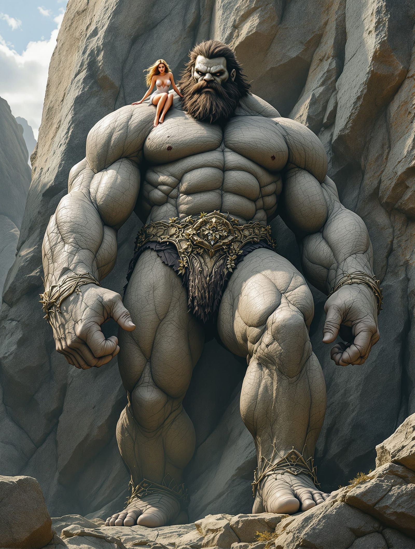 Giant Rock Man Carries Tiny Fairy Companion