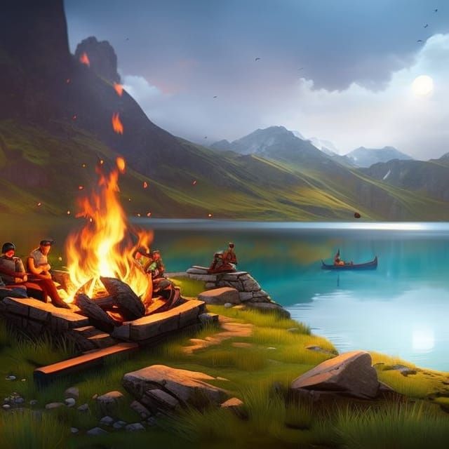 Campfire by Lake: Dreamy Tilt-Shift Photo