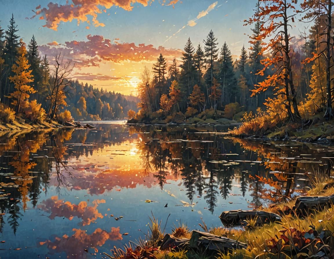 Autumn Sunset Lake Oil Painting in Ultra HD