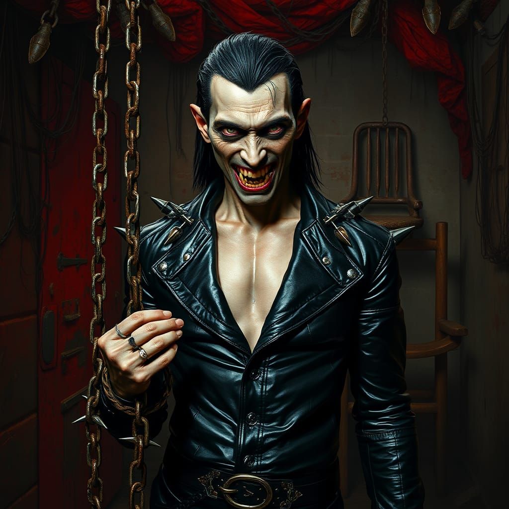 Gothic Vampire in Black Leather, Chains, and Dungeon Shadows