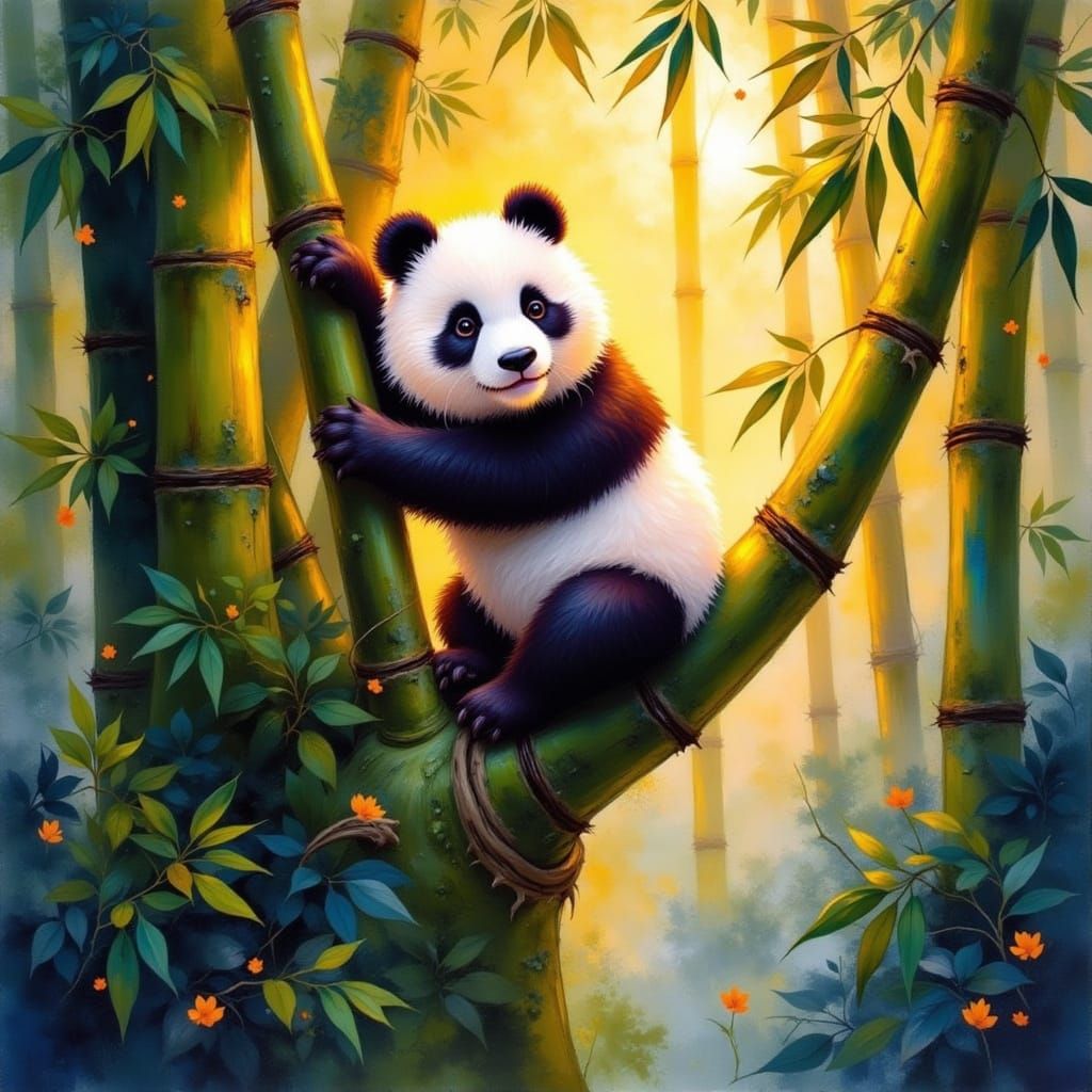 Adorable Panda in Vibrant Tropical Bamboo Forest